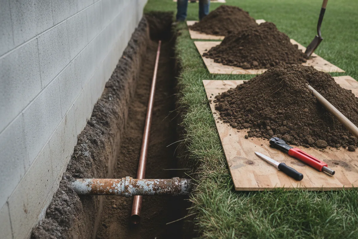 Excavated water line trench during Water Softener Installation in Guatay